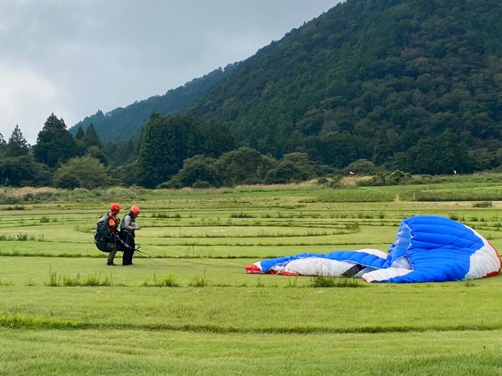 芝生にパラグライダー着陸