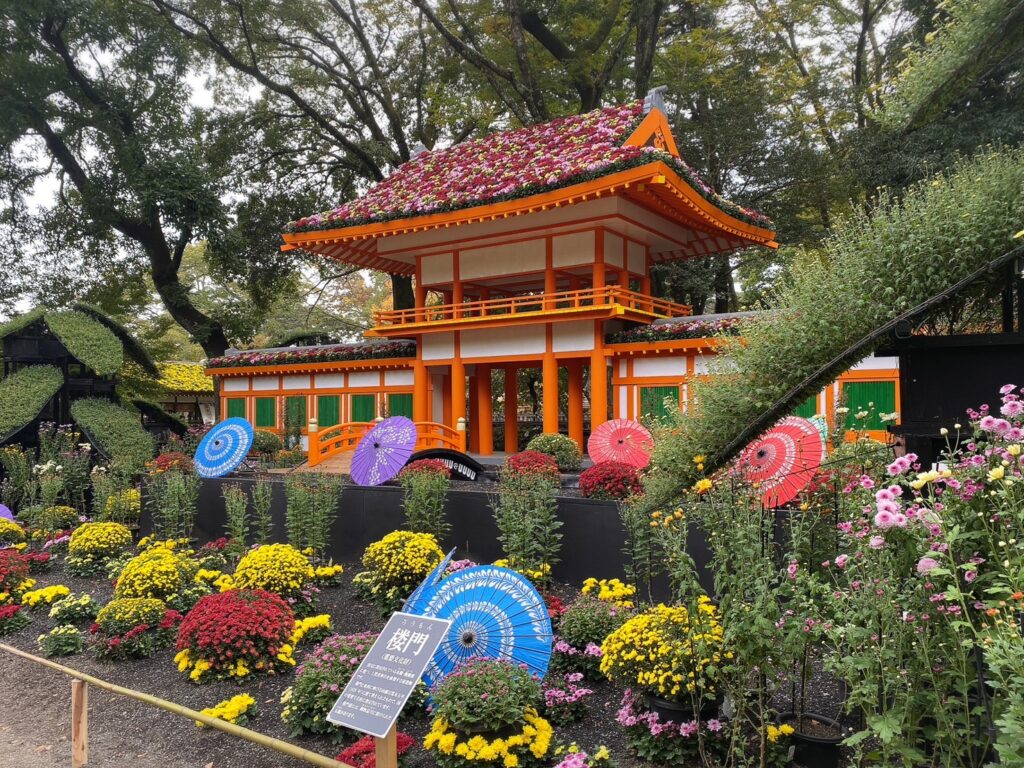 菊の花で鮮やかに飾られています