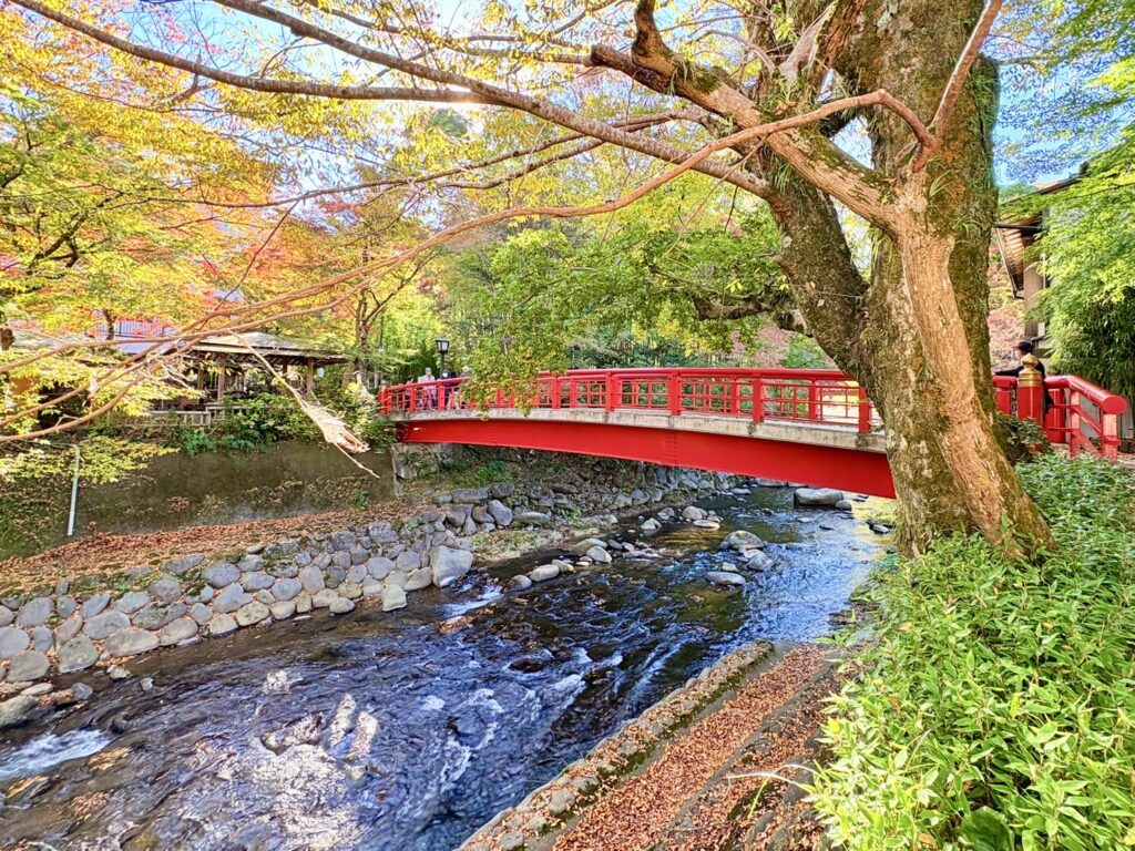 景色に朱色の橋が映えて、綺麗な風景