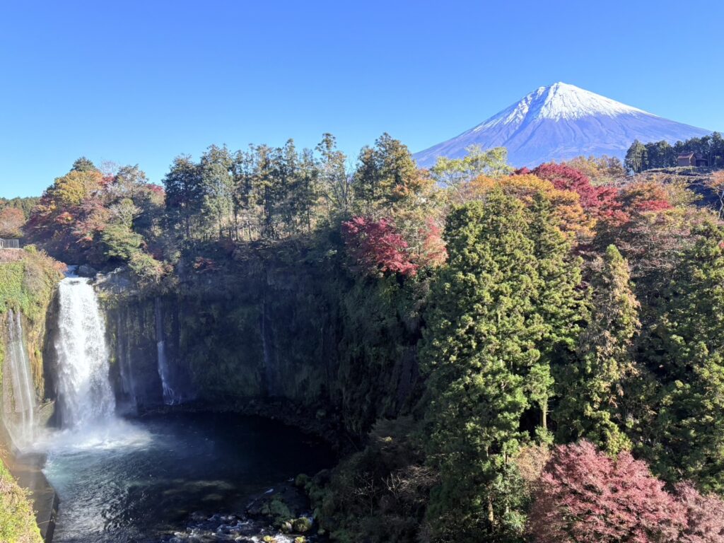 迫力のある音止の滝と富士山